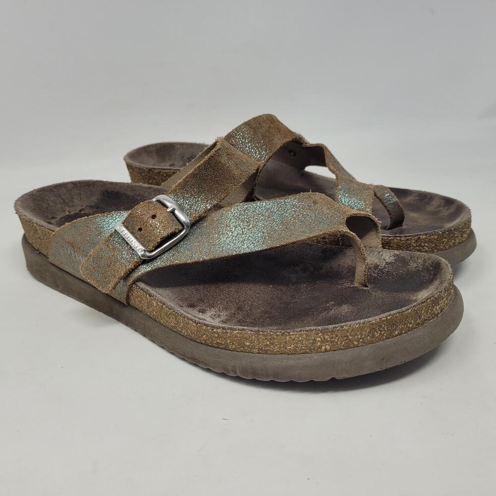 Mephisto Sandals EU37 US7 Helen Green Metallic Leather Comfort Slides Toe Loop